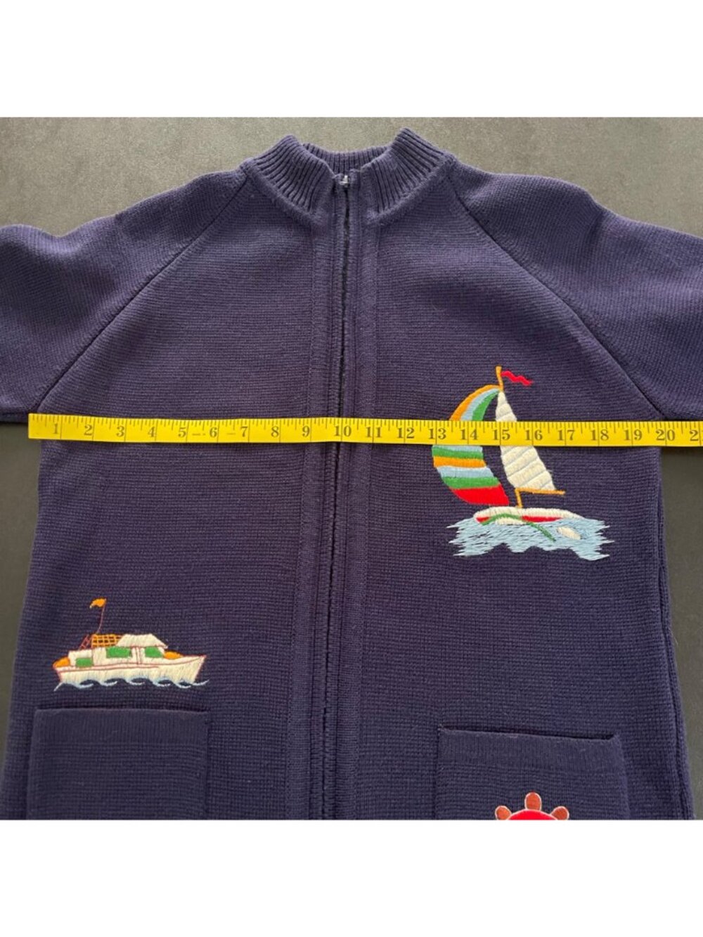 Vintage LeRoy Womens Zip Sweater Size L Navy Nautical Sailboat Anchor Coastal - Picture 11 of 12